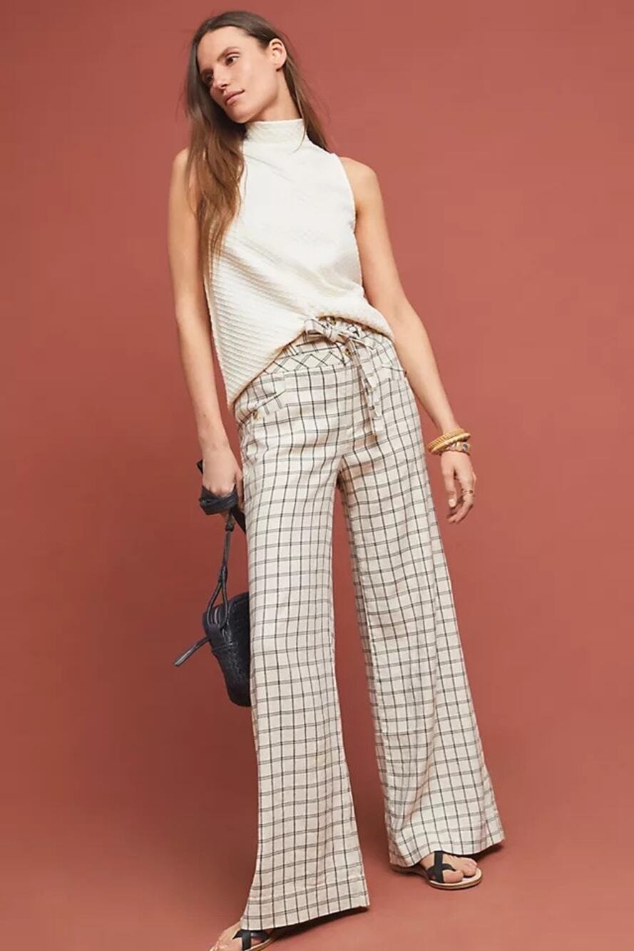 Anthropologie Cream Windowpane Wide Leg Pants Size 0 Linen Blend High Rise